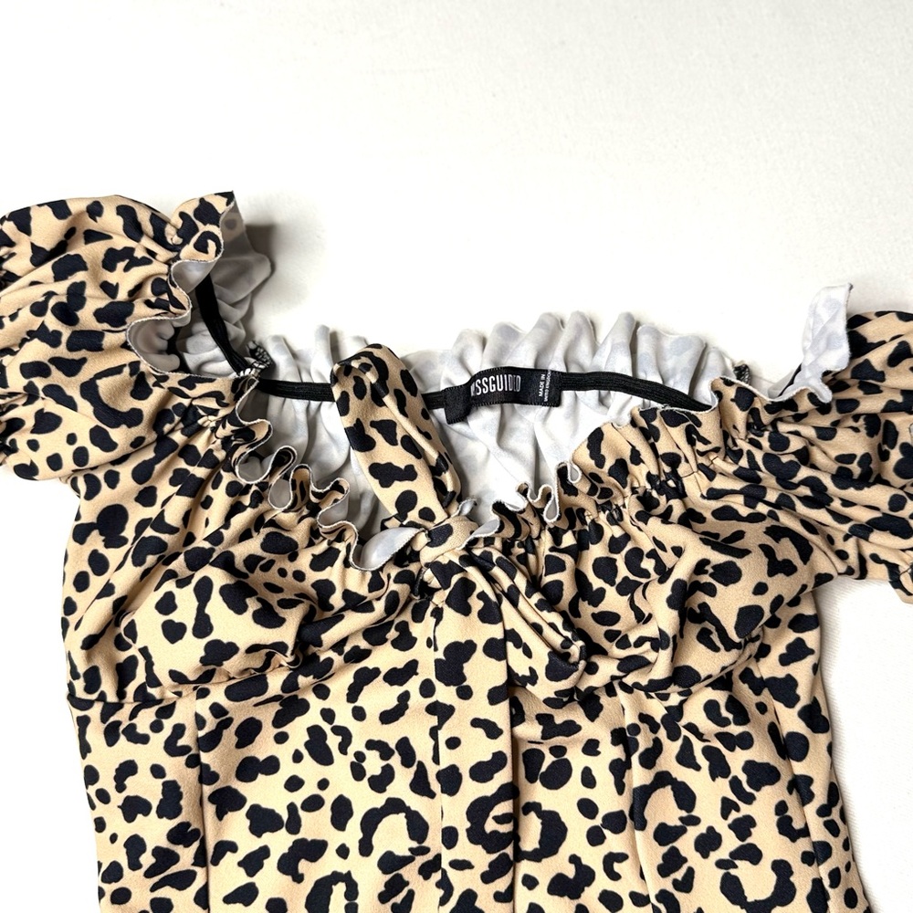 Missguided Bardot Leopard Print Ruffle Tie Front Mini Dress Size Small - Picture 4 of 5